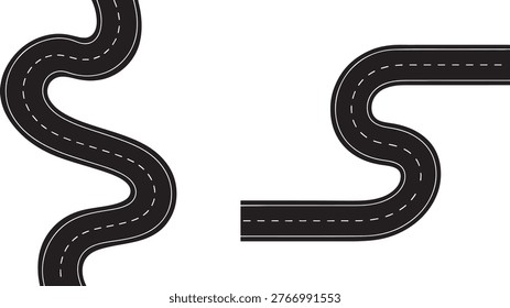 Two winding road sections with lane markings isolated on white background transportation isolated background illustration abstract navigation direction adventure straight serpentine