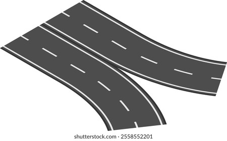 Two winding roads are crossing and merging on a white background, creating a dynamic intersection with lines indicating traffic flow and direction