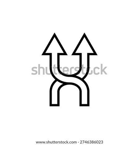 Two winding wavy curved arrows crossing. Outline linear vector icon and illustration on white background.
