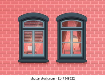 Two Windows Frames View On House Pink Brick Wall. Highly Detailed Windows With Apartment Interior. Architecture Design In Cartoon And Flat Style. Outdoor Or Exterior View Of The Building And Home