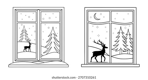 Dos ventanas muestran la silueta de ciervos y pinos en escenas nevadas de la noche de invierno Formato de Vector escalable...