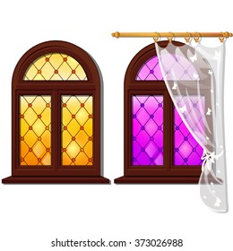 Two Windows with stained glass in the Oriental style. Vector.