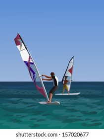 Two windsurfers on the sea