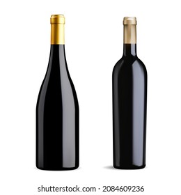 Two wine bottle design. Black glass red pinot noir or burgundy wine blank, isolated vector mockup. Vintage frenchbeverage like bordeaux, elegant mesh illustration, shampagne, cabernet