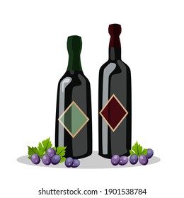 Two wine bottles and a bunch of grapes on the side.Vector illustration isolated on white background.