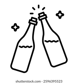 Two wine bottles clinking icon, designed with black editable stroke, representing celebration, toasting, party