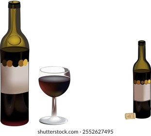 Two wine bottles, a full glass of red wine, and a cork evoke a celebratory mood, perfect for illustrating wine tasting or special occasions