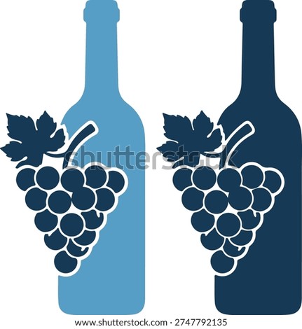 Two wine bottles with grapes on in blue colors