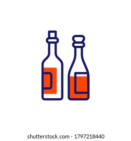Icono de la línea de dos botellas de vino. signo de estilo lineal para concepto móvil y diseño web. Dos botellas de vino con icono vector de contorno de corcho. Símbolo, ilustración del logotipo. Gráficos vectoriales