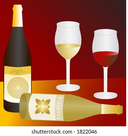 two wine glass red and white with wine bottles illustration