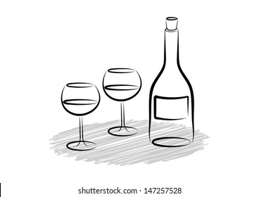 Two wine glasses and bottle  