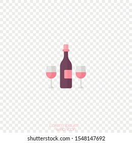 Two wine glasses and a bottle in a flat style on an isolated background ..