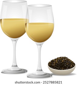 Two wine glasses with a bowl of caviar