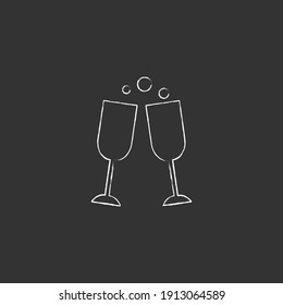 Dos copas de vino con icono de tiza vectorial de burbuja