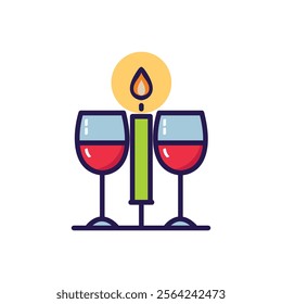 Two Wine Glasses and a Candle Light Flat Minimal Vector for Valentine's Day in White Background