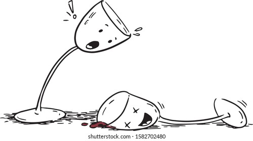 Two wine glasses character. Black and white vector illustration.