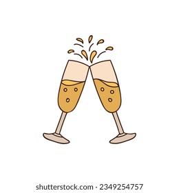 Two wine glasses clink in toast colorful doodle illustration in vector. Wine glass cups cheers colorful outline drawn icon.