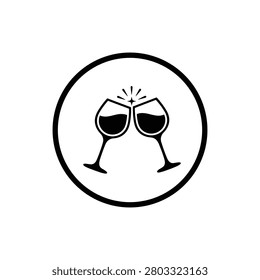 Two wine glasses clinking for celebration toast icon in circle