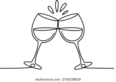 Two wine glasses clinking in a minimalist line art style