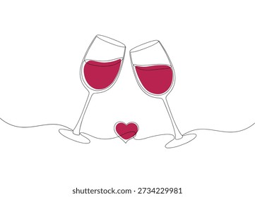 Dos Copas de Vino Teñido con Vino Tinto y Corazón Continuo Una Línea Dibujo Romántico Ilustración vectorial de Celebración de Amor.