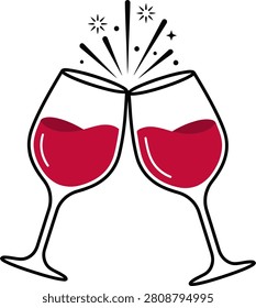 Two wine glasses clinking toasting celebration sparks red wine.