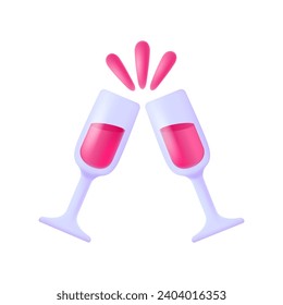 Two wine glasses clinking together, vector 3d icon.