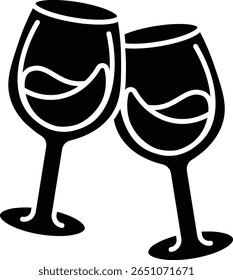 Two wine glasses clinking together in a celebratory toast. A simple, elegant graphic design illustration vector icon solid style.