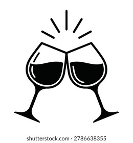 Two wine glasses clinking together with a sunburst in a celebratory mood for toast and festive occasions