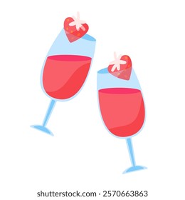 Two wine glasses, each garnished with heart-shaped strawberry slice. For romantic occasions, invitations, and celebratory themes