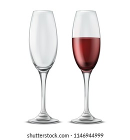 Two wine glasses, empty and full of red wine, vector 3D realistic illustration isolated on white background. Transparent glassware, element design for menu, shop windows