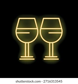 Dos copas de vino que brillan con luz de neón amarillo sobre un fondo negro