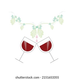 Two wine glasses and grape vines with the theme of  vinification 