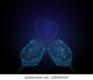 Two wine glasses and a heart. Abstract image in the form of a starry sky or space, consisting of points, lines, and shapes in the form of planets and stars in blue color. Low poly vector background.