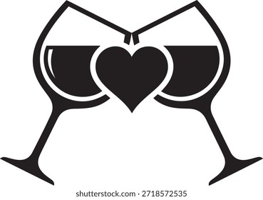 Dois copos de vinho com uma forma de coração formado por suas bordas em preto e branco amor romance Dia dos Namorados
