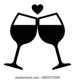 Two wine glasses with heart symbol on transparent background for valentine celebration icon