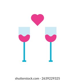 Two wine glasses with heart symbols toasting, great for Valentine's Day, dinner dates, or romantic celebrations.