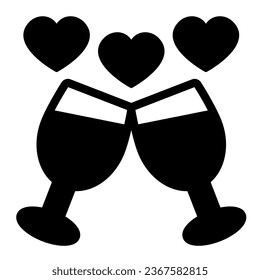 Dos copas de vino y corazones icono sólido, concepto de citas, signo de vectores nocturnos de fecha sobre fondo blanco, icono de estilo glifo para el concepto móvil y el diseño web. Gráficos vectoriales
