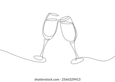 Two Wine Glasses One Line Drawing. Glass of Wine Abstract Minimal Simple Linear Drawing. Vector Drink Concept Continuous One Line Illustration. Modern Trendy Contour Drawing. Not AI