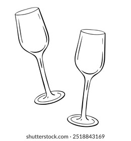 two wine glasses outlined in black, with one glass standing upright and the other laid on its side, creating a minimalist and visually appealing composition.