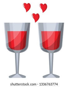 Dos vasos de vino con líquido rojo y corazones rojos ilustran vectores sobre fondo blanco.