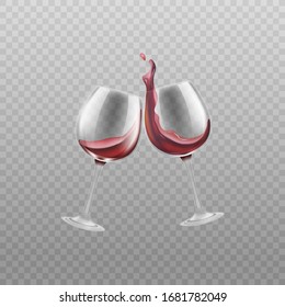 Dos copas de vino con una ilustración vectorial realista de vino tinto aislado en un fondo transparente. Gafas con un icono o símbolo de bebida alcohólica.