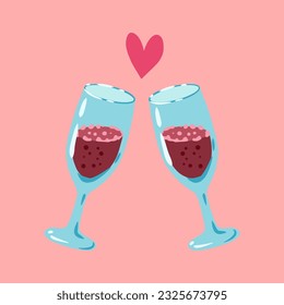 Two wine glasses, red sparkling wine, pink champagne. Illustration of clinking glasses. Design for greeting card, invitation, print, sticker. Illustration for birthday, valentine's day, anniversary.