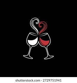 Two wine glasses with red and white wine in a heart shape design