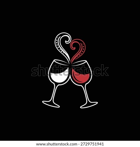 Two wine glasses with red and white wine in a heart shape design