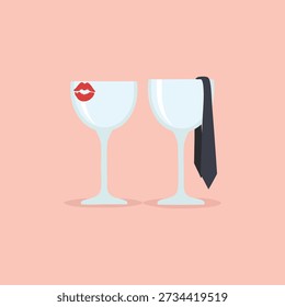 Two wine glasses representing relationship status: one with lipstick mark and one with necktie, symbolizing couple identity, romance, dating, wedding celebration, or gender partnership concept.