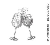 Two wine glasses with splash drinks, sketch vector illustration. Hand drawn label design elements.