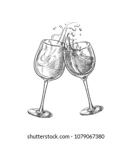 Two wine glasses with splash drinks, sketch vector illustration. Hand drawn label design elements.