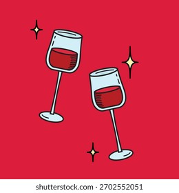 Dos copas de vino tostado con vino tinto y chispas. Ilustración vectorial de celebración de dibujos animados. Fiesta romántica o Clipart de eventos.
