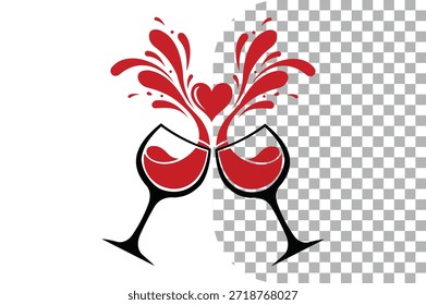 Dos copas de vino que brindan con el chapoteo del vino tinto y el símbolo del corazón, concepto romántico de la celebración, Diseño gráfico del Vector