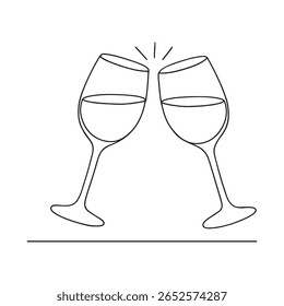 Zwei Weingläser, die mit einer einfachen Strichzeichnung auf weißem Hintergrund toasten